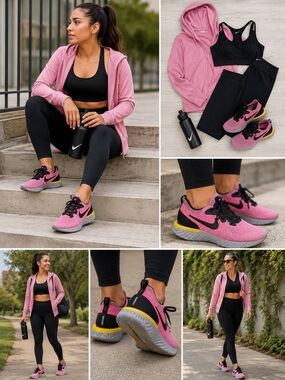 Nike women’s Epic React Flyknit 10.5Pink Black Running Sneakers with Yellow Heel